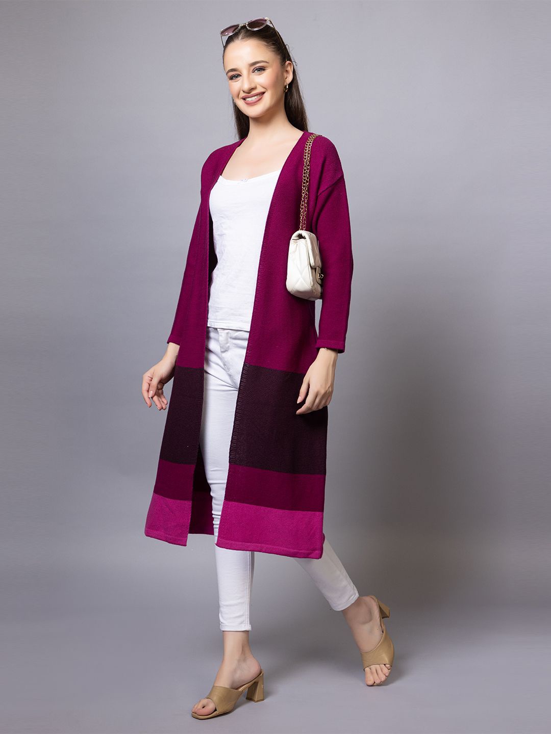 

Anouk Purple Colourblocked V-Neck Winter Open Front Longline Shrug