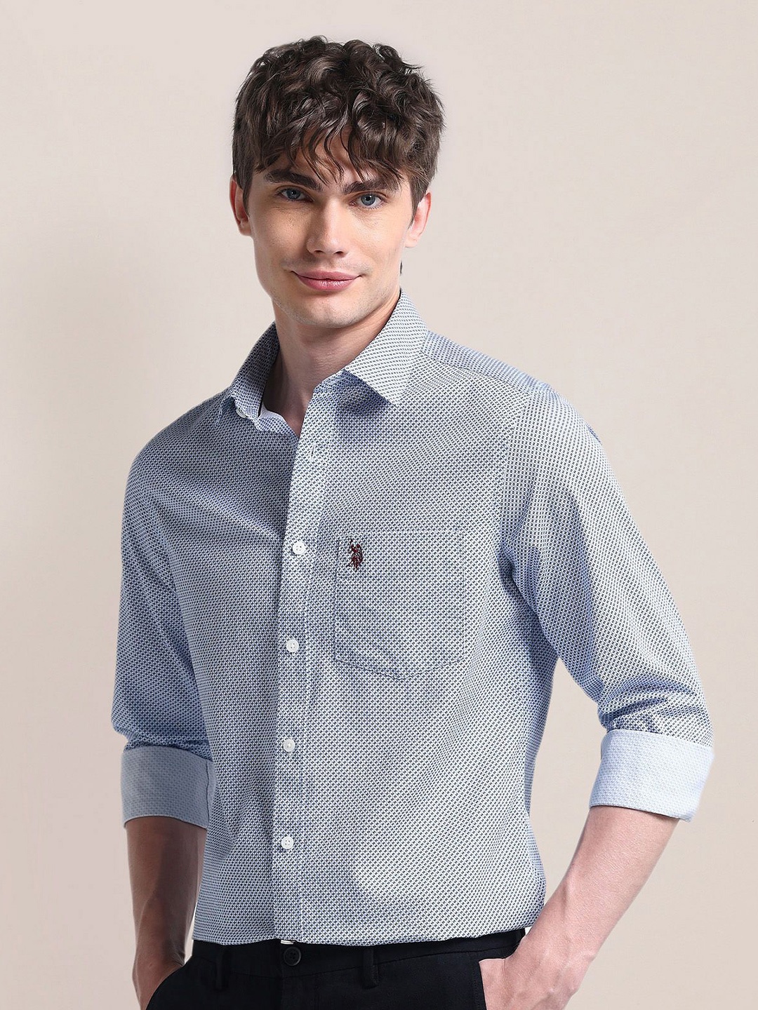 

U.S. Polo Assn. Men Classic Spread Collar Micro Ditsy Printed Cotton Casual Shirt, Blue