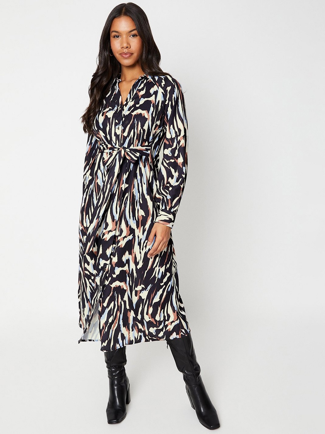 

DOROTHY PERKINS Animal Print Tie-Up Shirt Midi Dress, Black