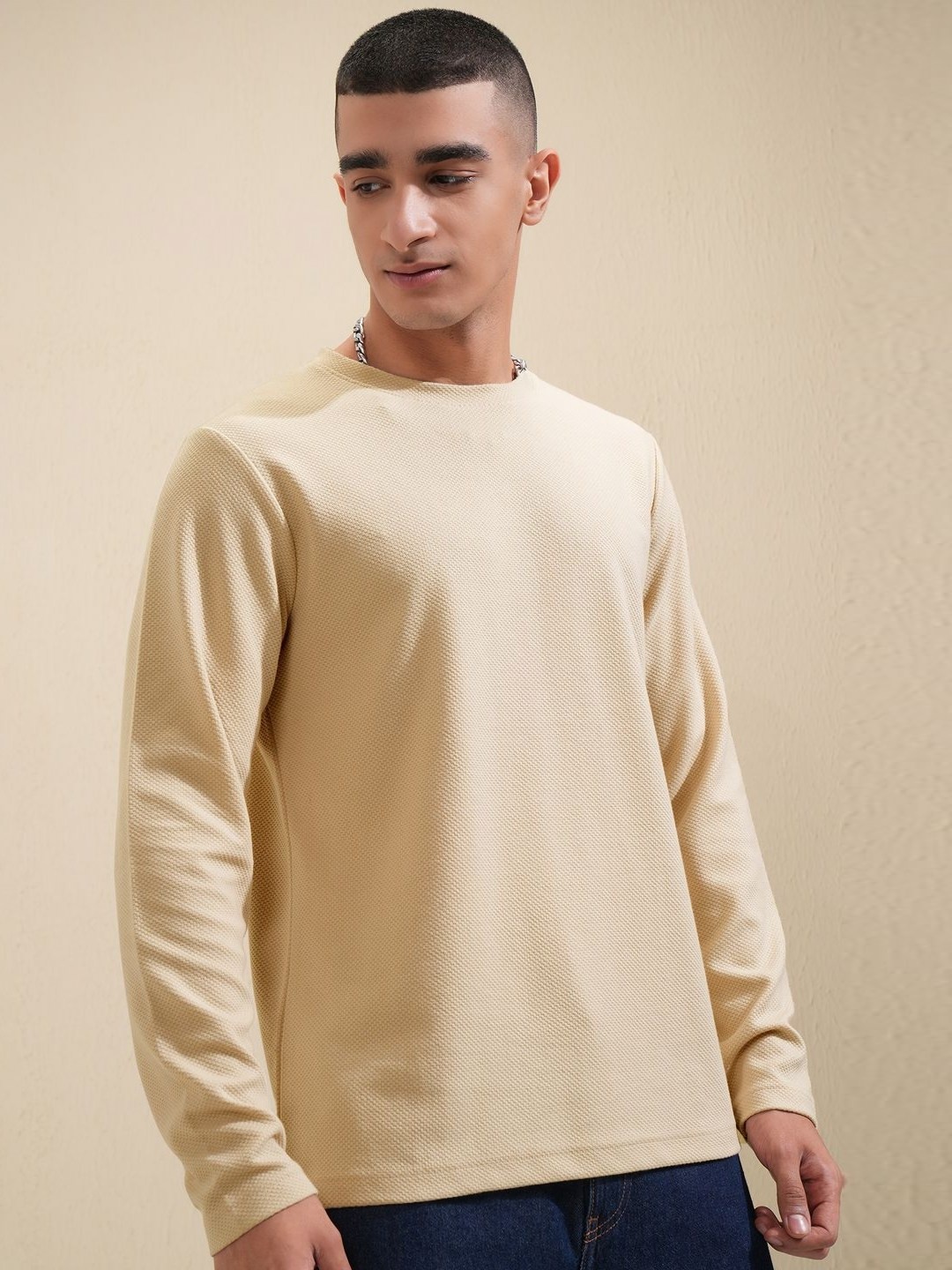 

HIGHLANDER Men Solid Round Neck Cotton Relaxed Fit T-shirt, Cream