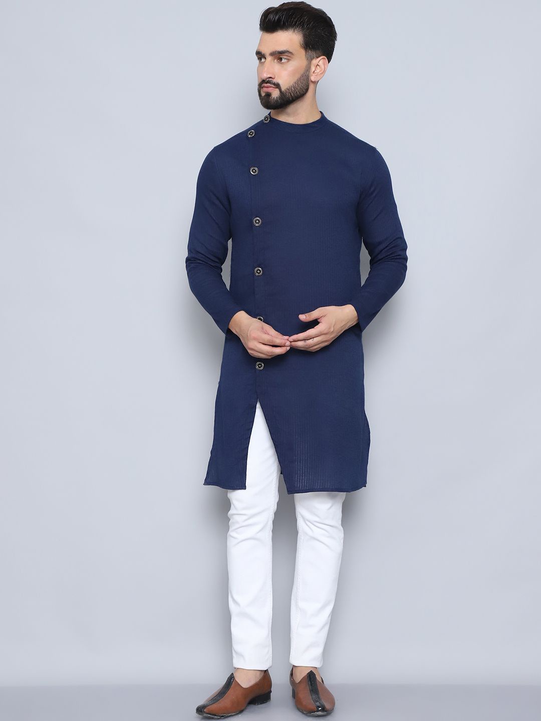 

even Band Collar Pure Cotton Straight Kurta, Blue
