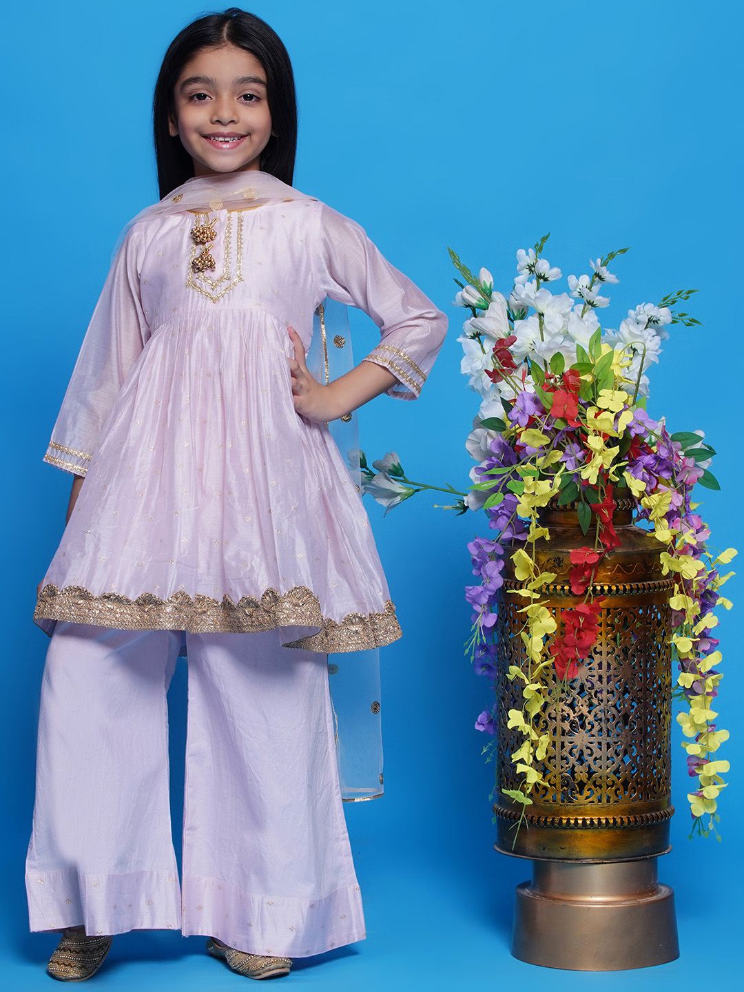 

Little Bansi Girls Self Design Sequinned Cotton Silk A-Line Kurta with Palazzo & Dupatta, Pink