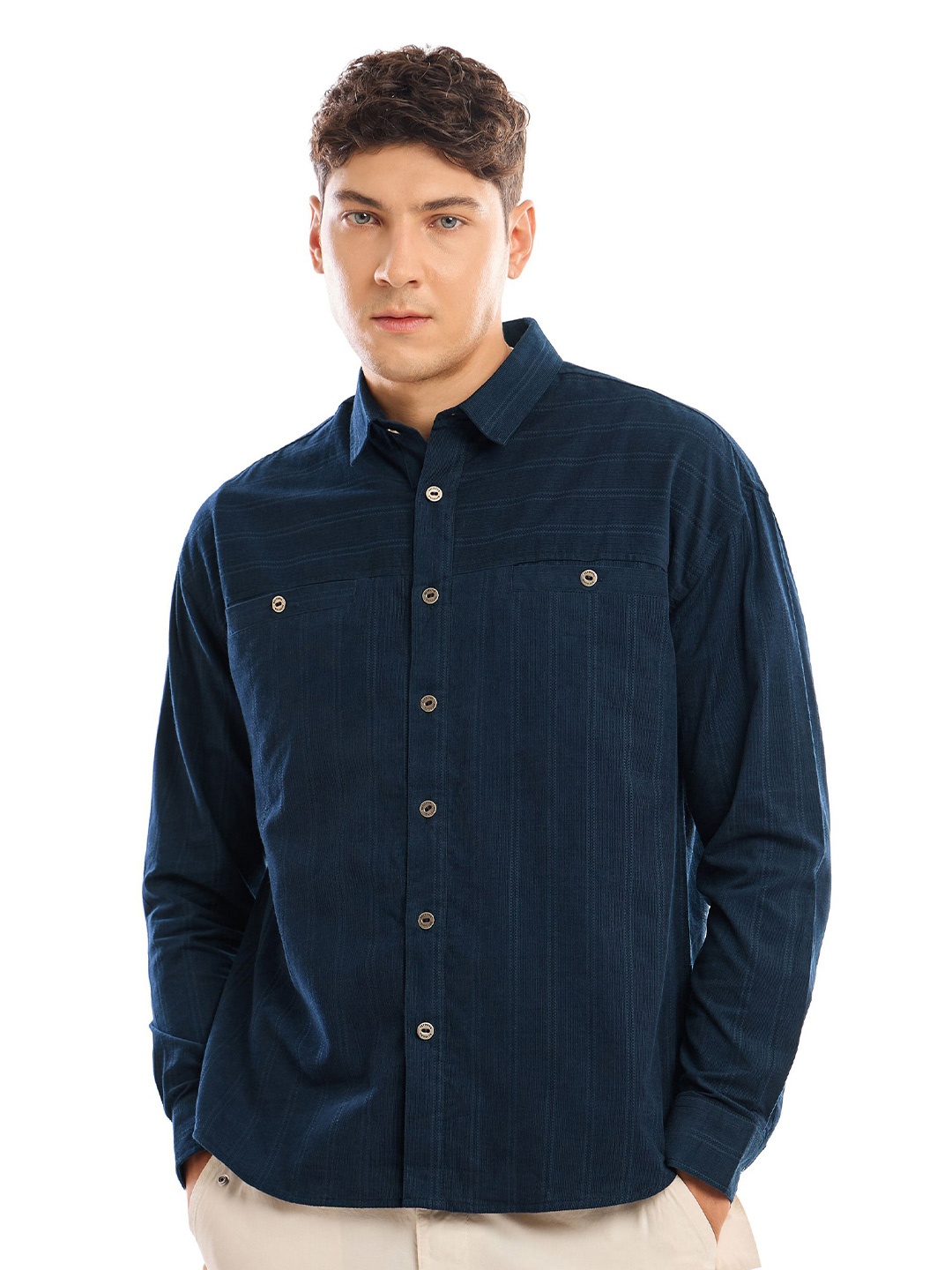 

Beyoung Men Spread Collar Solid Cotton Relaxed Fit Casual Shirt, Blue