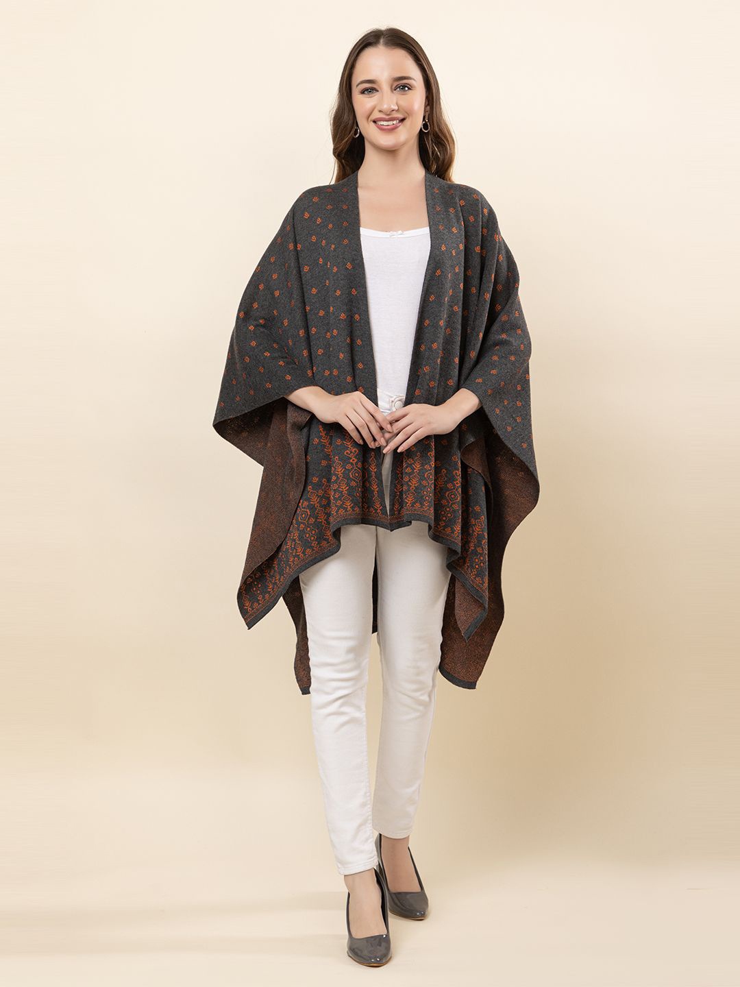 

Anouk Grey Melange Ethnic Printed Winter Open Front Shrug
