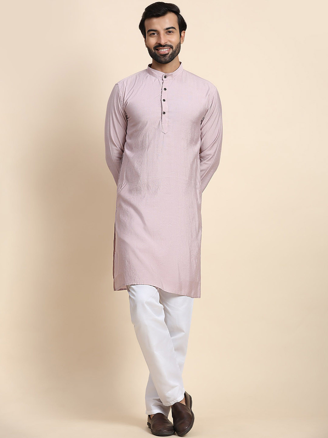 

Rawayi Band Collar Long Sleeves Pure Cotton Straight Kurta, Mauve