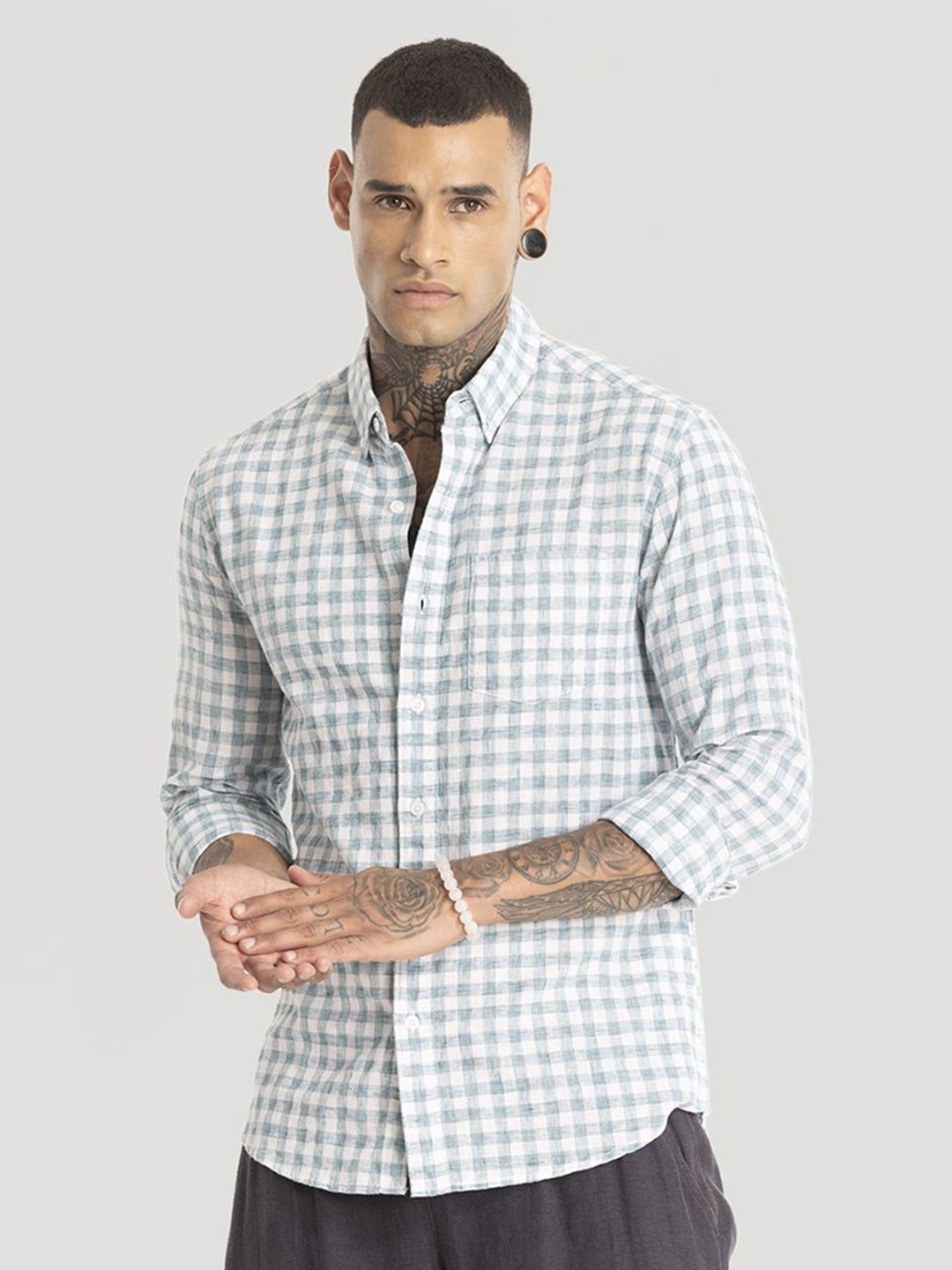 

Snitch Men Smart Button-Down Collar Gingham Checked Linen Slim Fit Casual Shirt, Blue