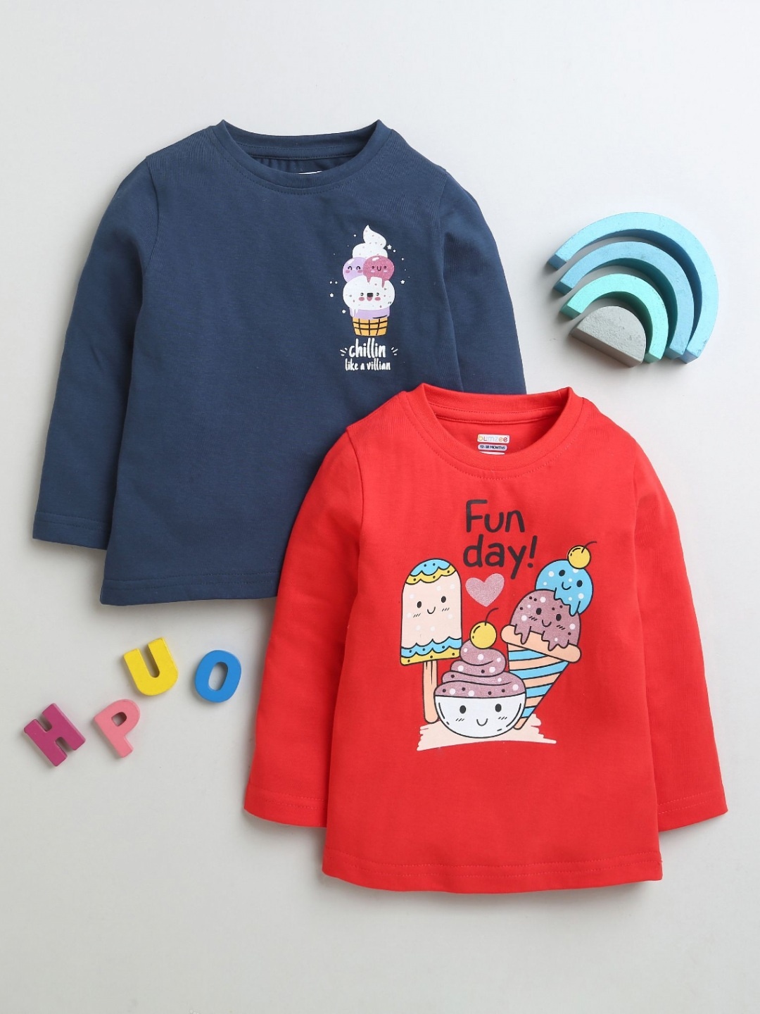

BUMZEE Girls Pack Of 2 Graphic Printed Round Neck Cotton T-Shirts, Navy blue