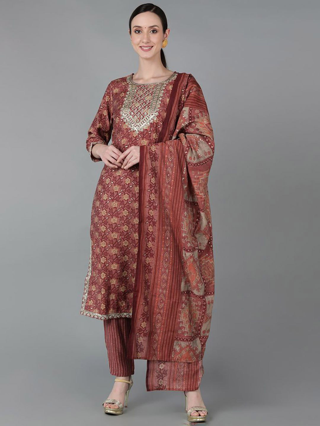 

KALINI Floral Embroidered Thread Work Straight Kurta With Trousers & Dupatta, Maroon