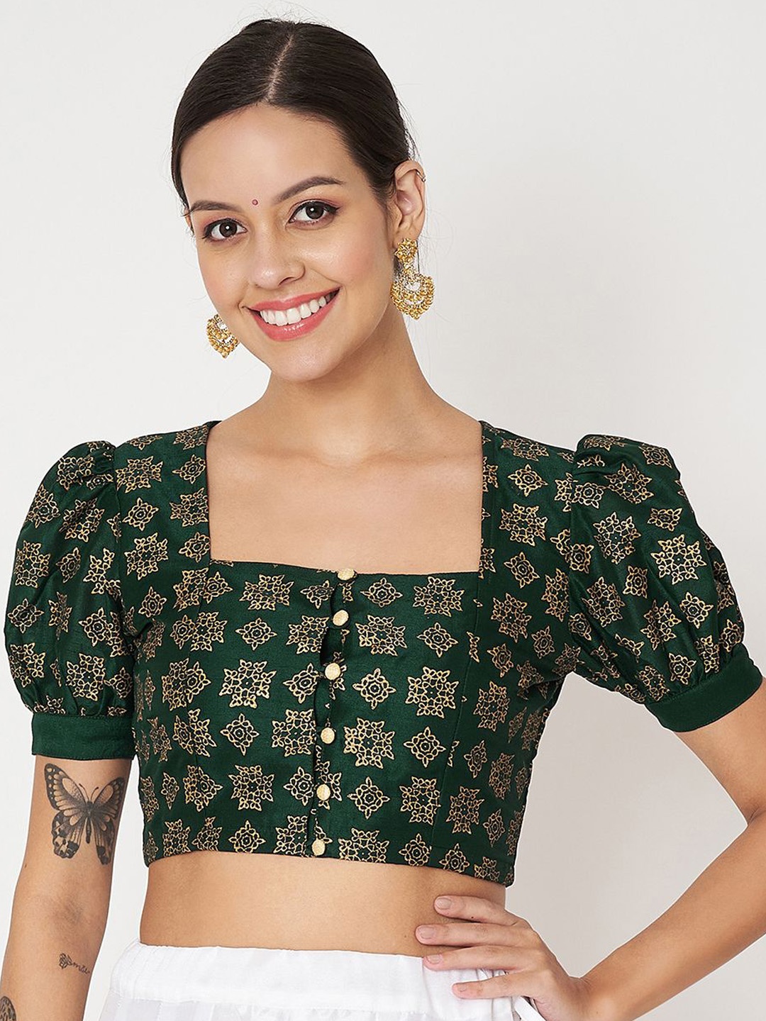 

studio rasa Block Printed Short Sleeve Saree Blouse, Green