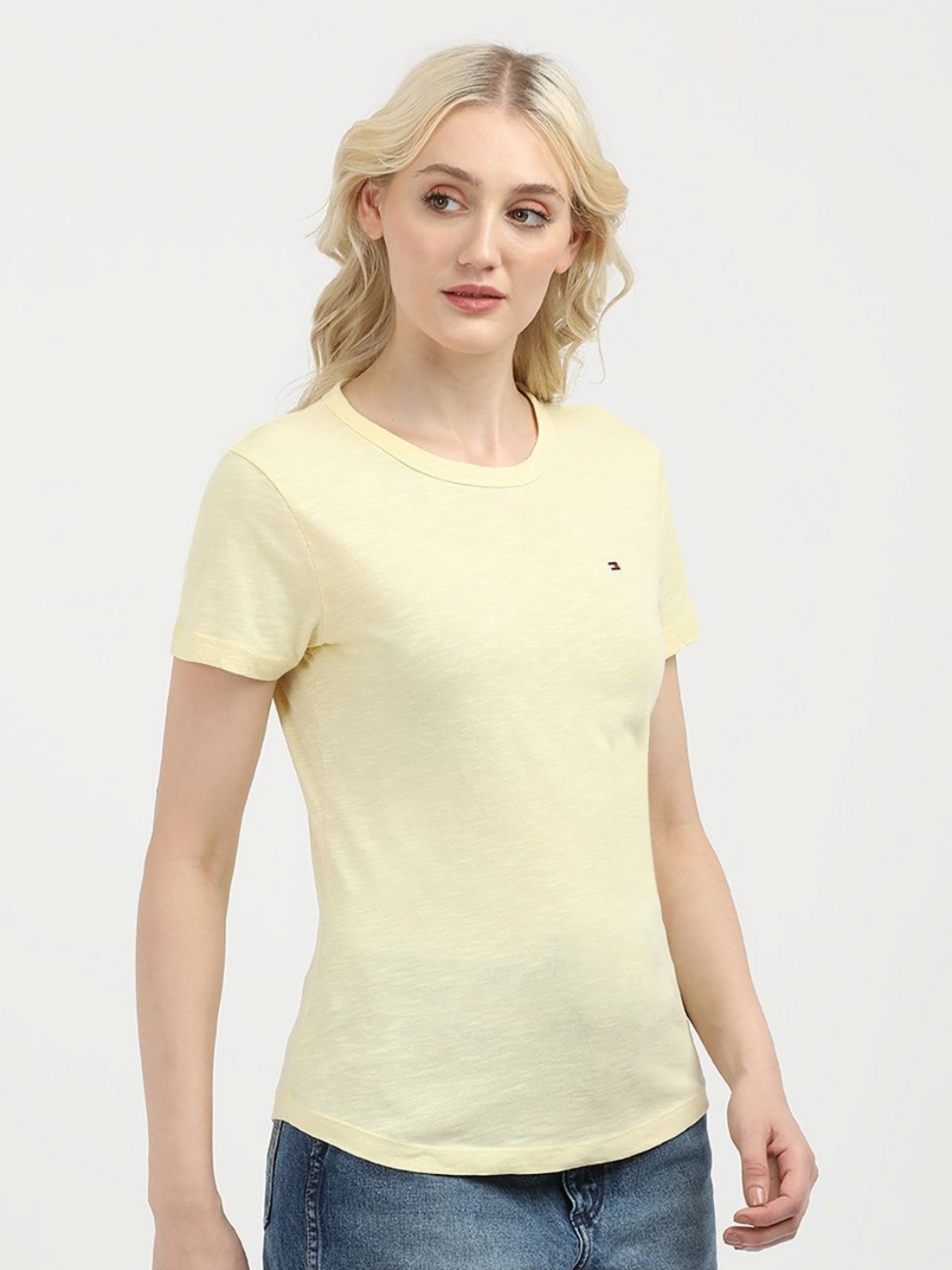 

Tommy Hilfiger Women Solid Round Neck Cotton Slim Fit T-Shirt, Yellow