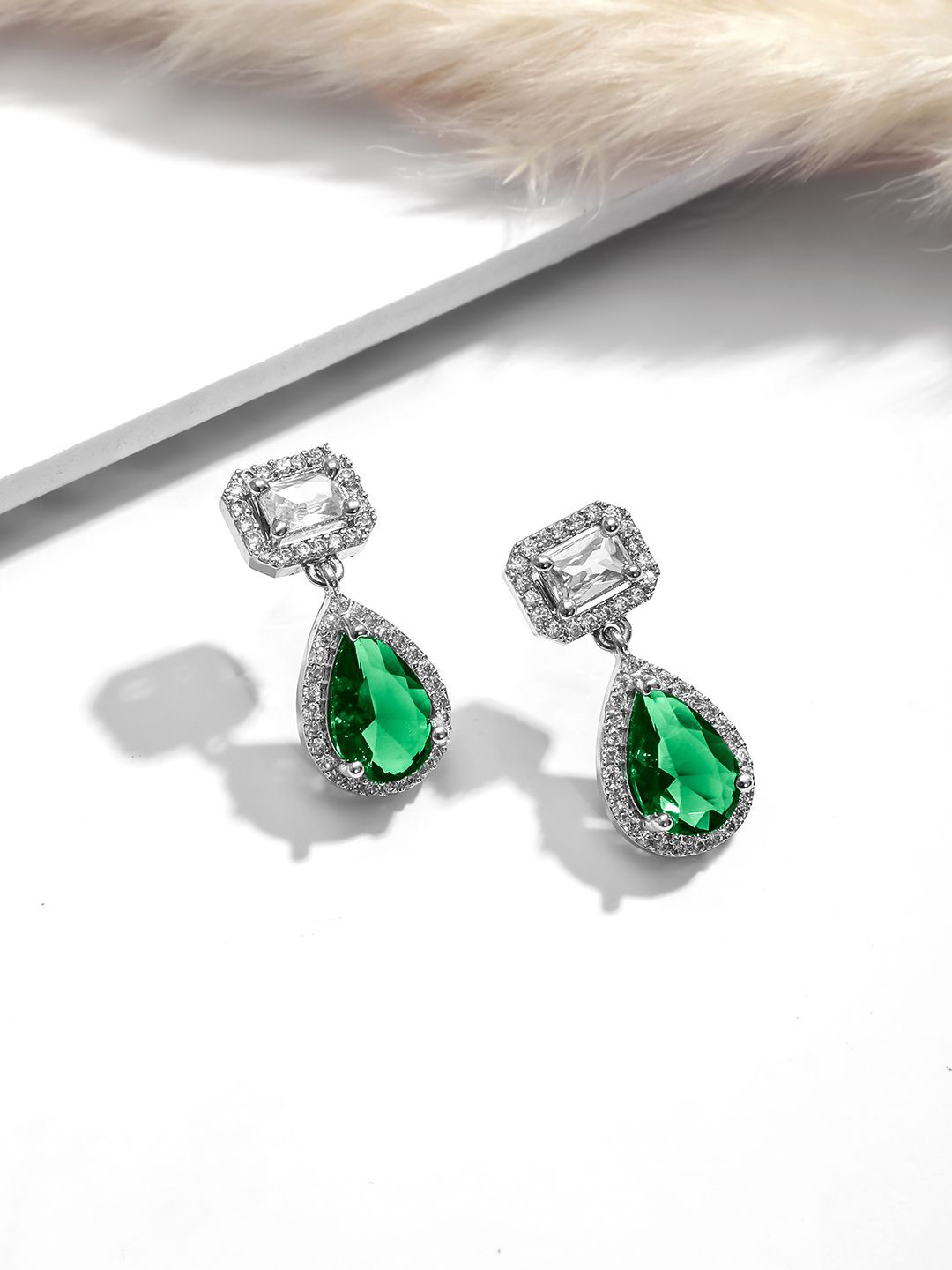 

Rubans Rhodium Plated Crystal Emerald & Cubic Zirconia Studded Drop Earrings, Silver