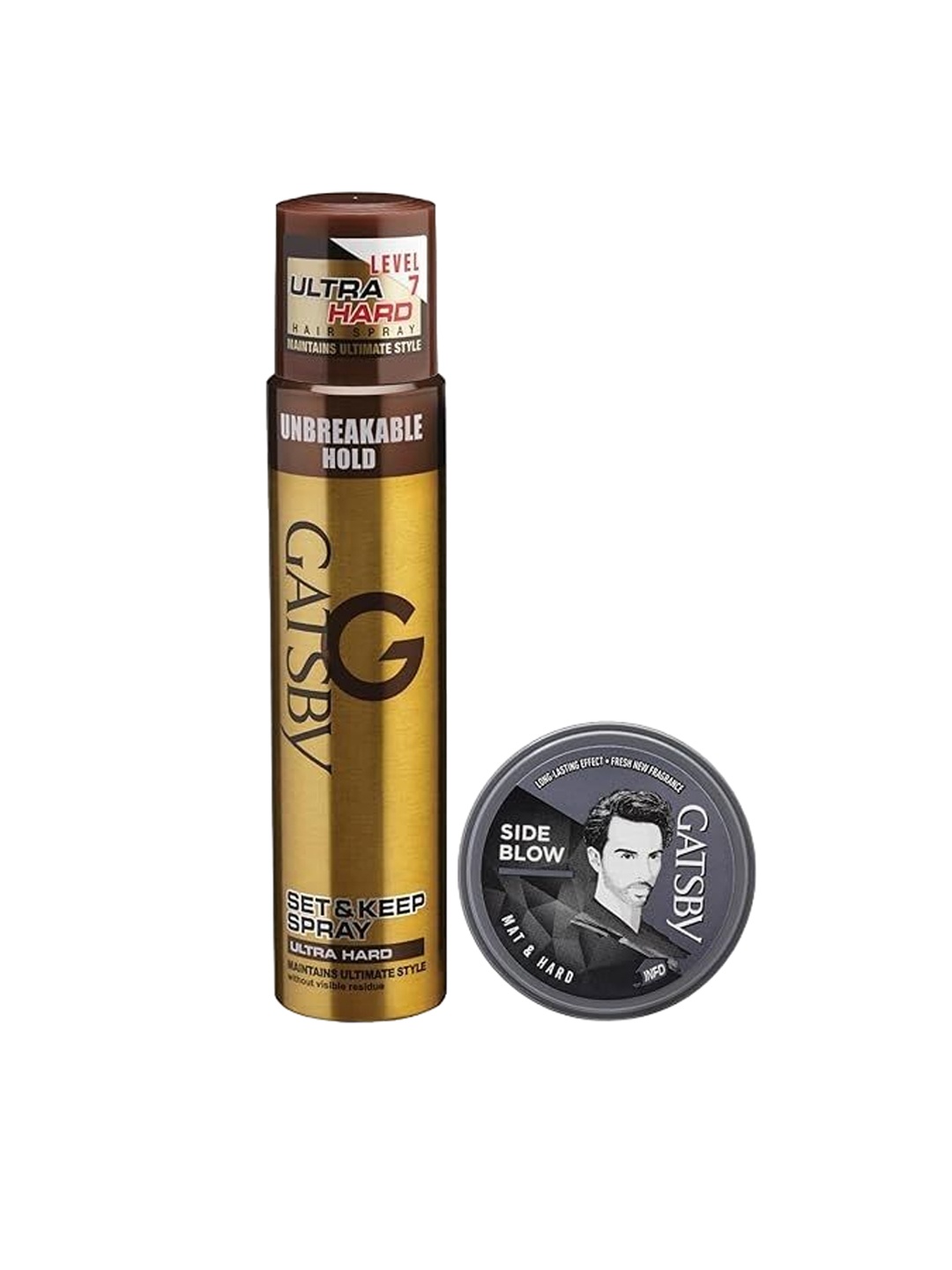 

Gatsby 2 Pcs Side Blow Mat & Hard Hair Spray With Wax-250gm & 75 gm, Gold