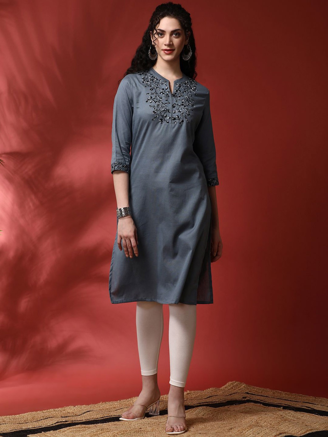 

Anouk Floral Yoke Design Mandarin Collar Pure Cotton Straight Kurta, Charcoal