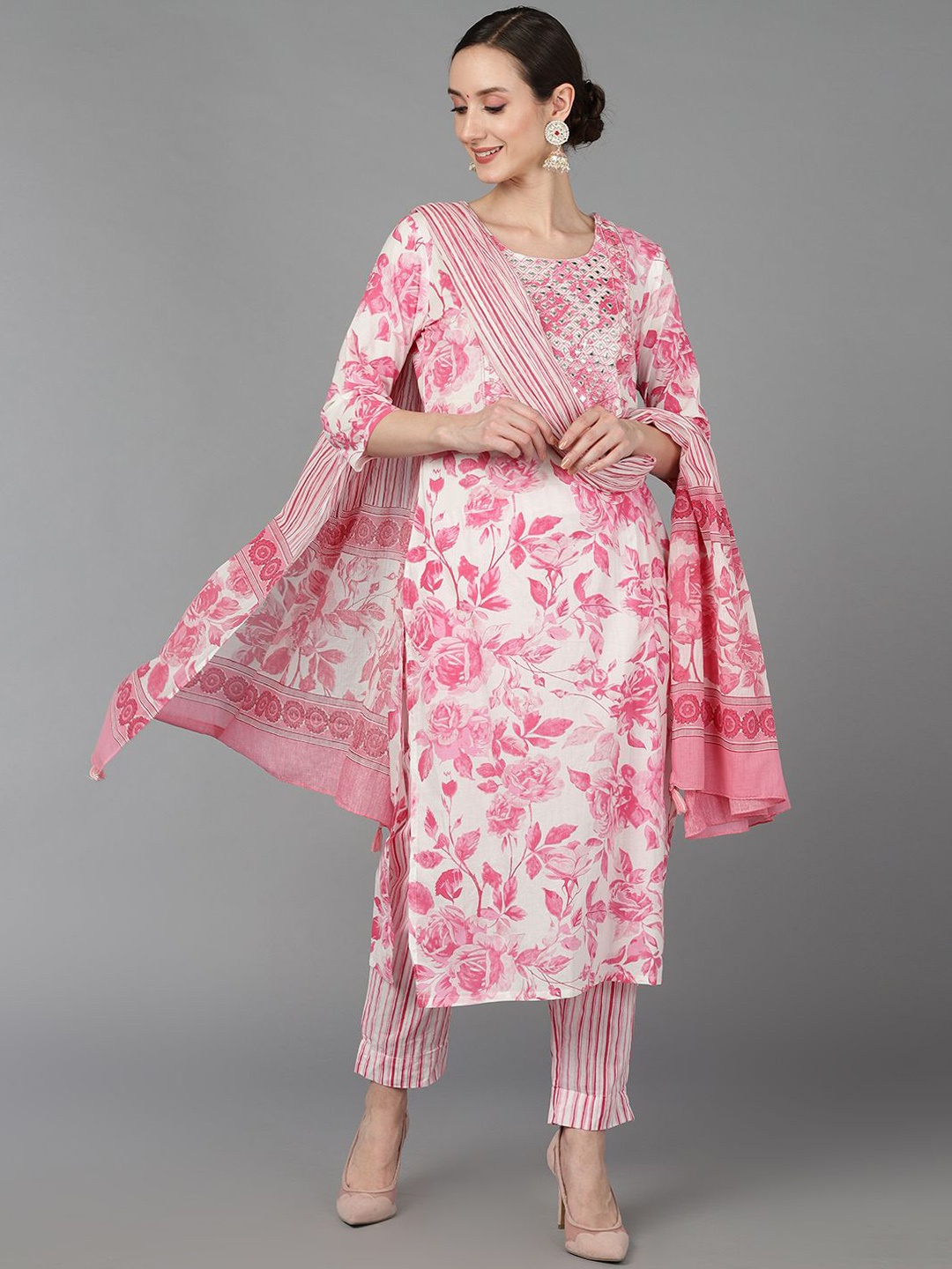 

KALINI Floral Printed Mirror Work Straight Kurta With Trousers & Dupatta, Pink