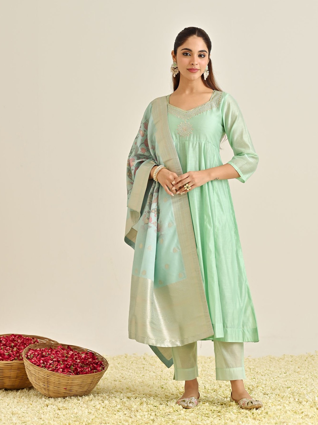 

Rustorange Ethnic Motifs Yoke Design Thread Work Anarkali Kurta with Salwar & Dupatta, Green