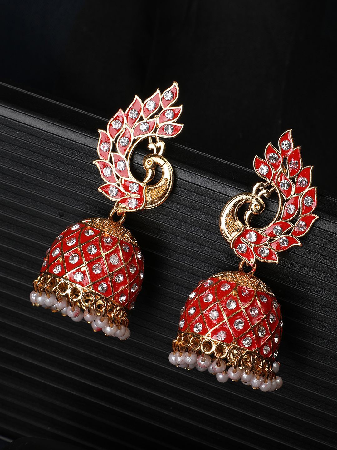 

MODE MANIA Gold Plated Peacock Shaped Artificial Stones & Beads Studded Jhumkas, Red