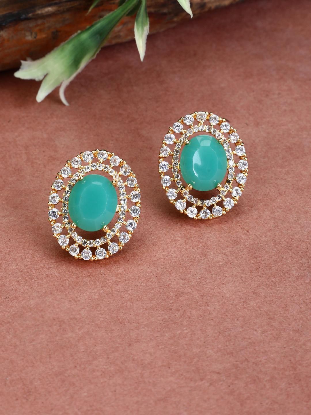 

MODE MANIA Gold-Plated American Diamond Studded Oval Studs