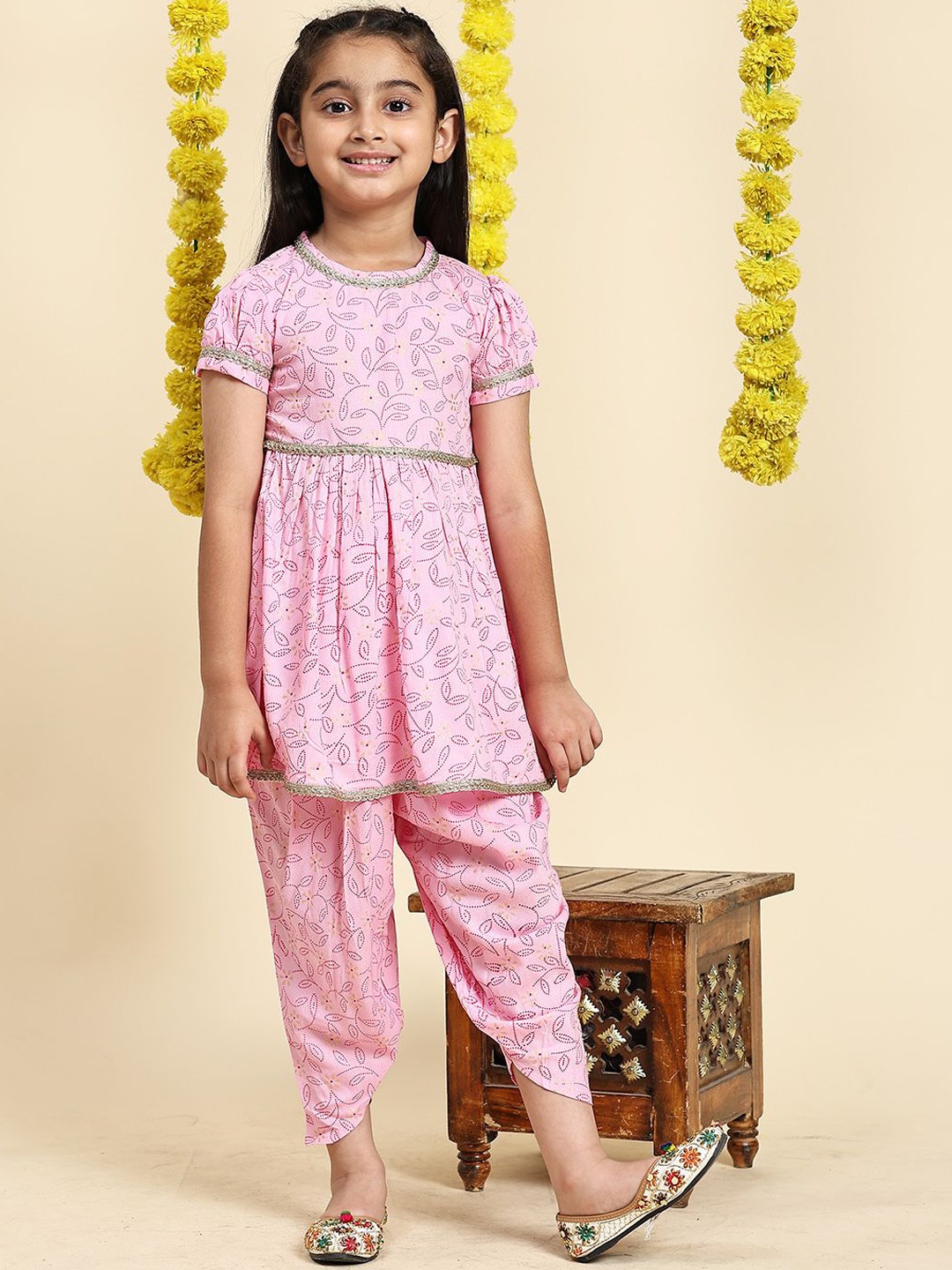 

Cutiekins Girls Floral Printed Gotta Patti Anarkali Kurta With Dhoti Pants, Pink