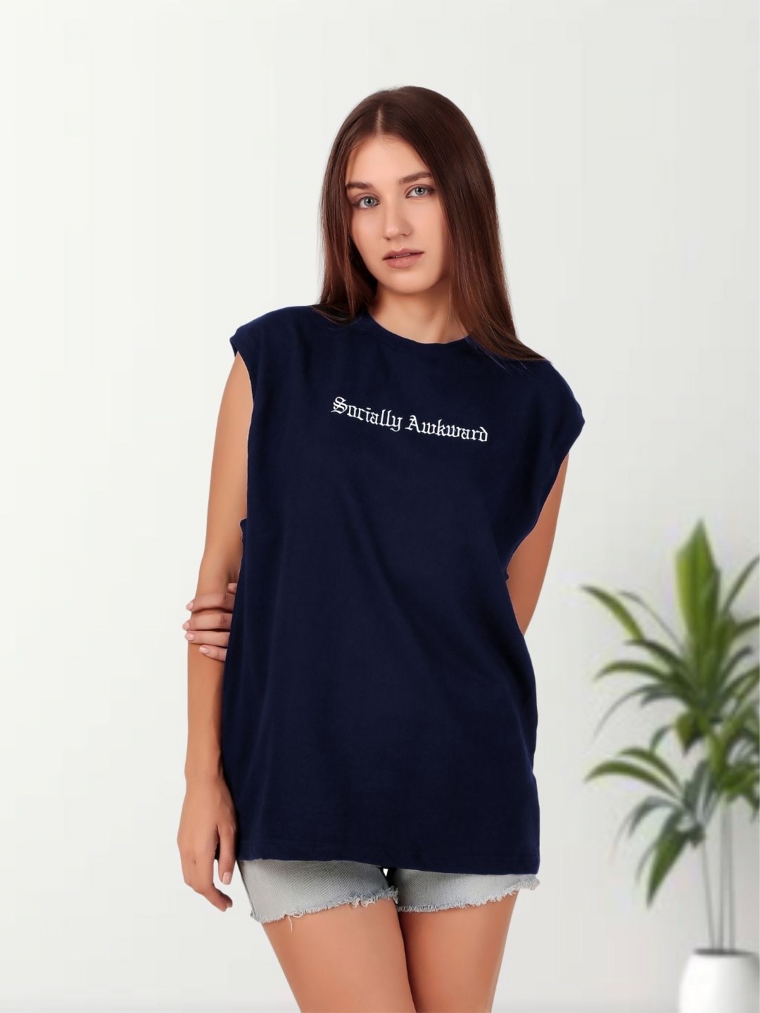 

Untamed Clothing Women Typography Printed Round Neck Cotton Oversized T-Shirt, Blue