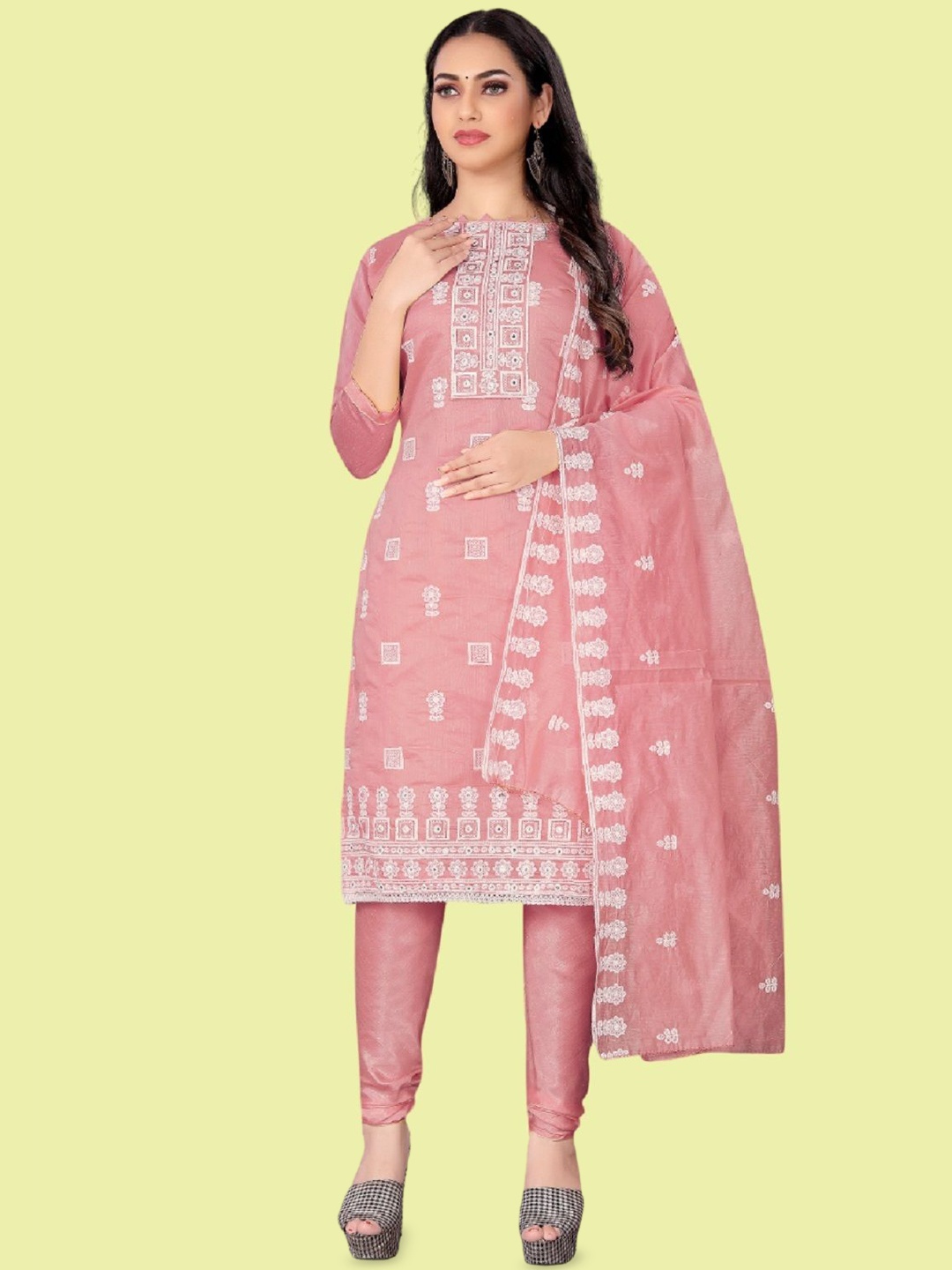 

APNISHA Thread Work Unstitched Dress Material, Peach