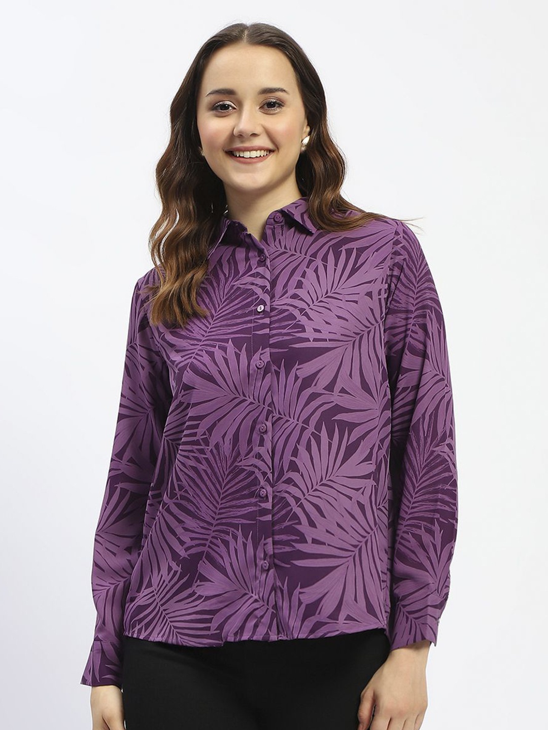 

Madame Women Spread Collar Floral Printed Casual Shirt, Purple