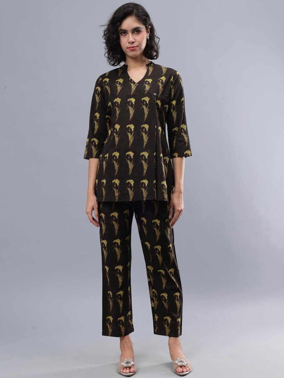 

CORDSET Printed Mandarin Collar Pure Cotton Tunic & Trousers, Brown