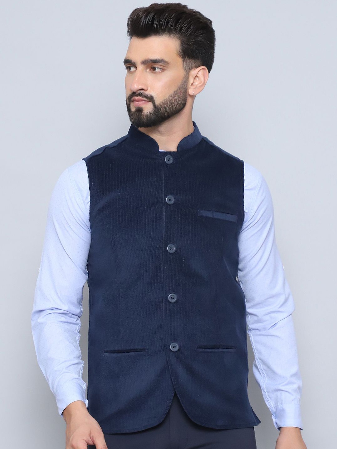 

even Woven Design Nehru Jacket, Navy blue