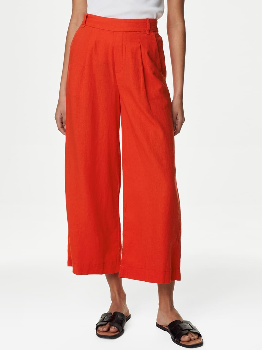 

Marks & Spencer Women Flared High-Rise Pleated Cropped Trousers, Orange