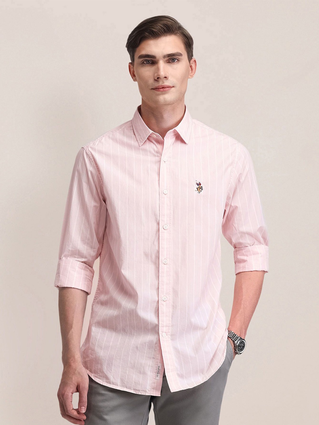 

U.S. Polo Assn. Men Classic Spread Collar Striped Cotton Formal Shirt, Pink