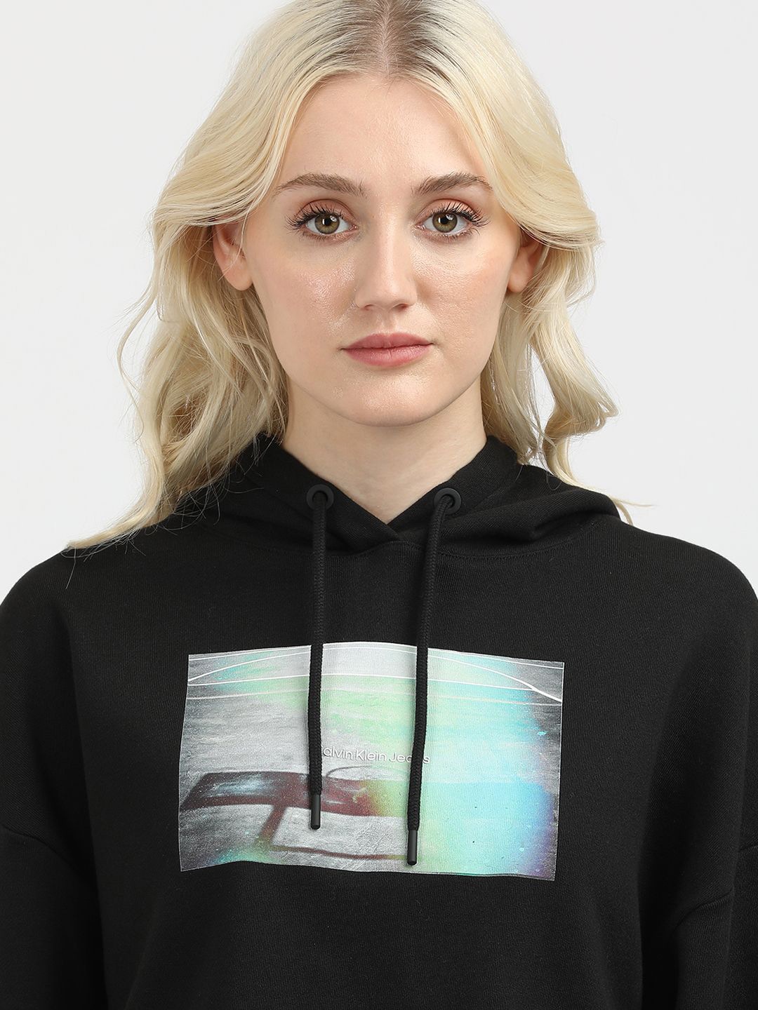 

Calvin Klein Jeans Women Graphic Printed Hooded Cotton Sweatshirt, Black