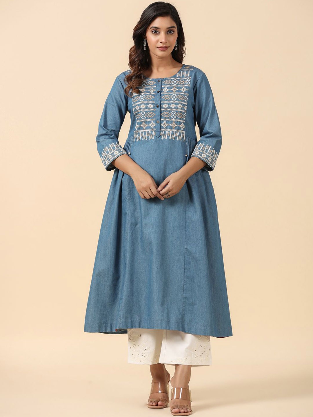 

SAVI Ethnic Motifs Embroidered Cotton A Line Kurta, Blue