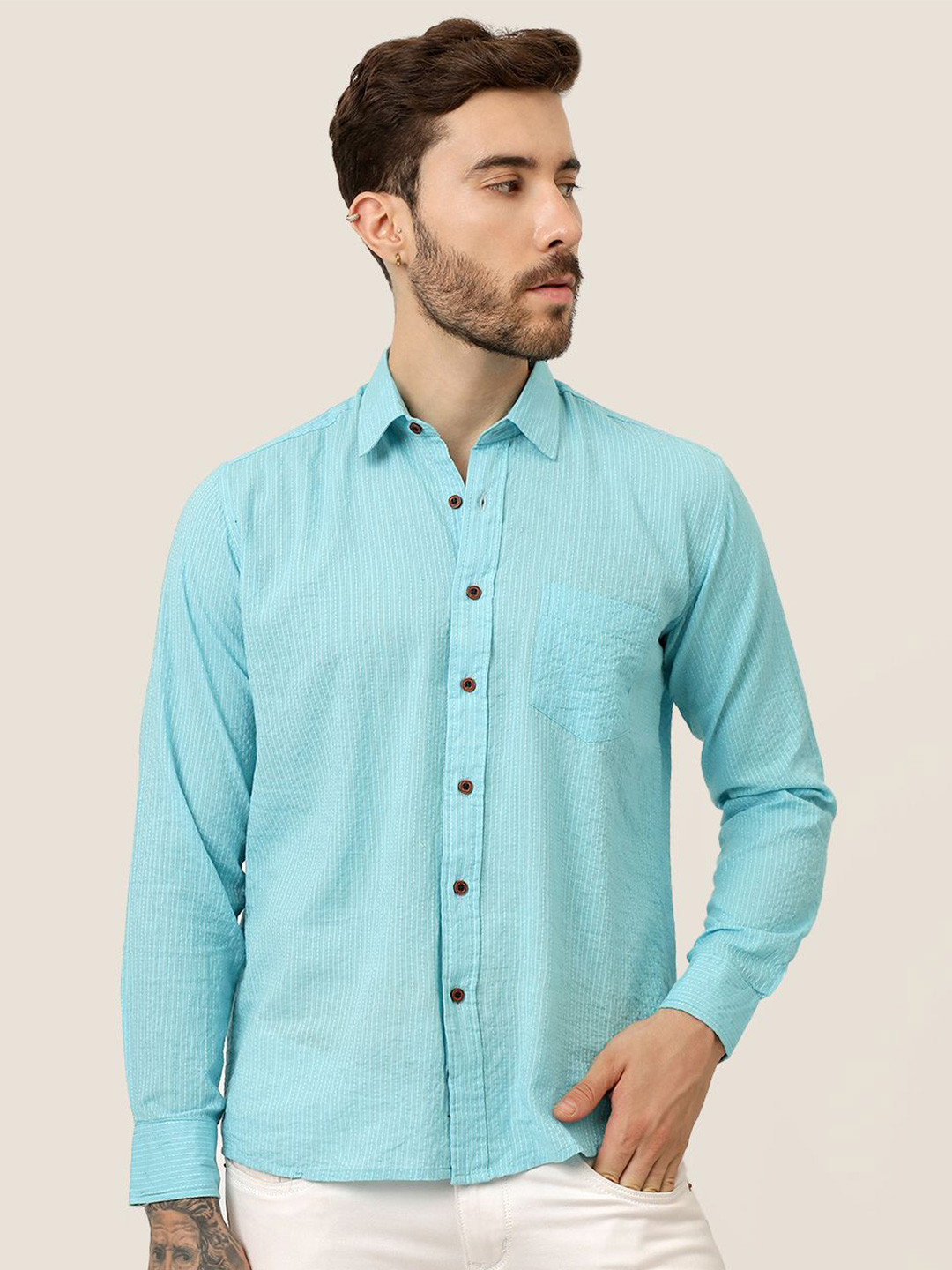 

SPS Men Relaxed Spread Collar Textured Cotton Casual Shirt, Blue