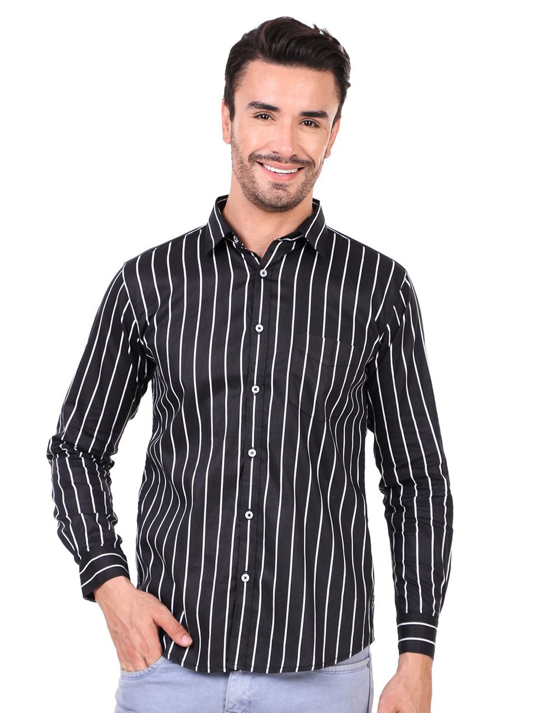 

Design up Men Slim Fit Vertical Black Striped Pure Cotton Casual Shirt