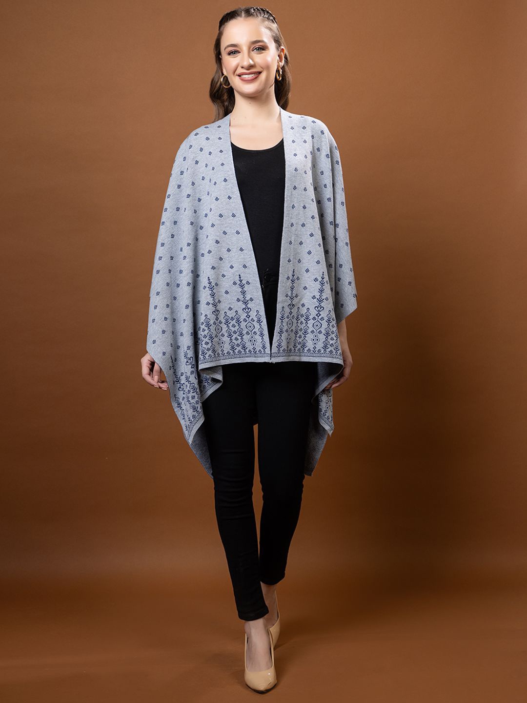 

Anouk Grey Ethnic Motifs Printed V-Neck Winter Open Front Shrug, Grey melange