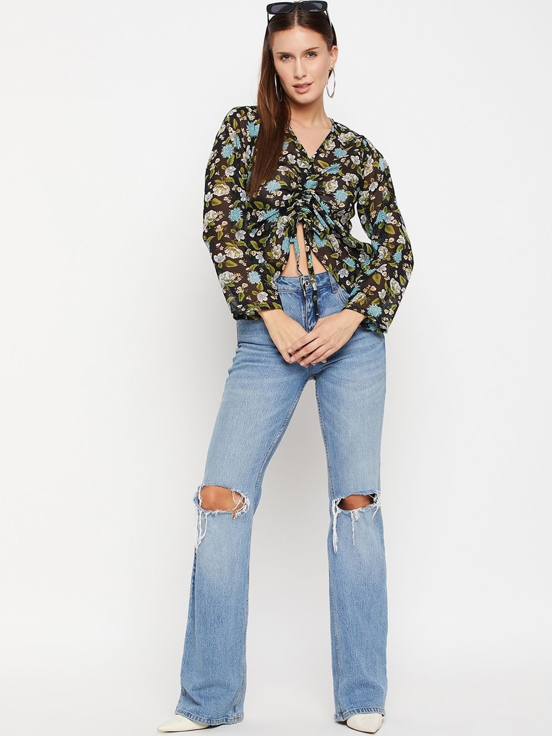 

Murcia Floral Print Georgette Crop Top, Green