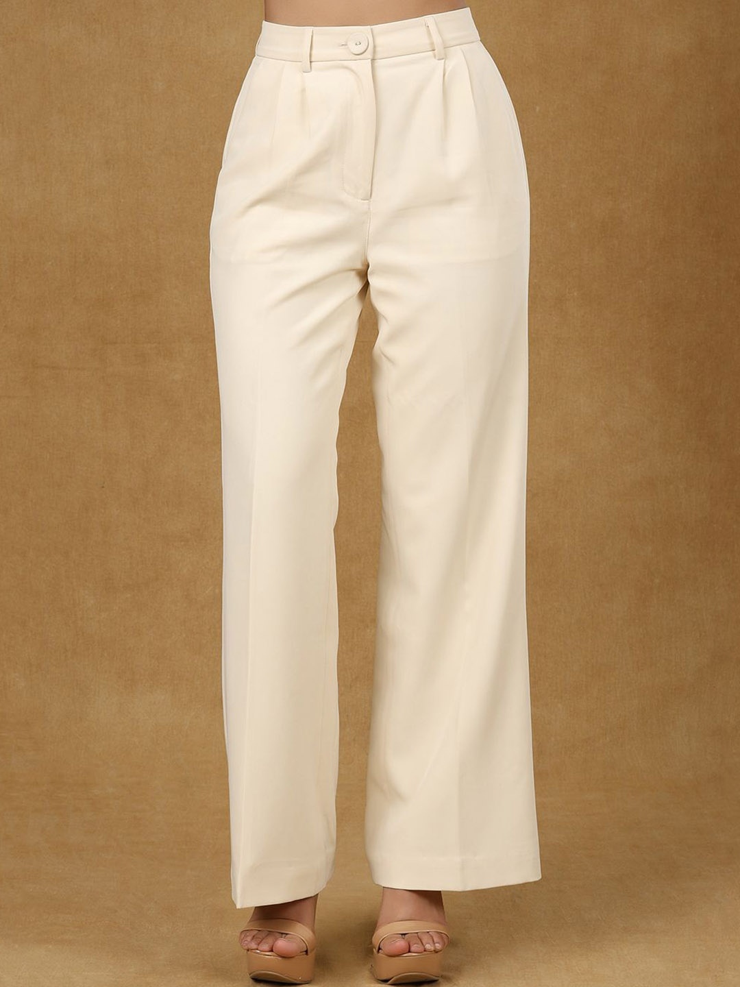

PowerSutra Women Comfort High-Rise Pleated Trousers, Beige