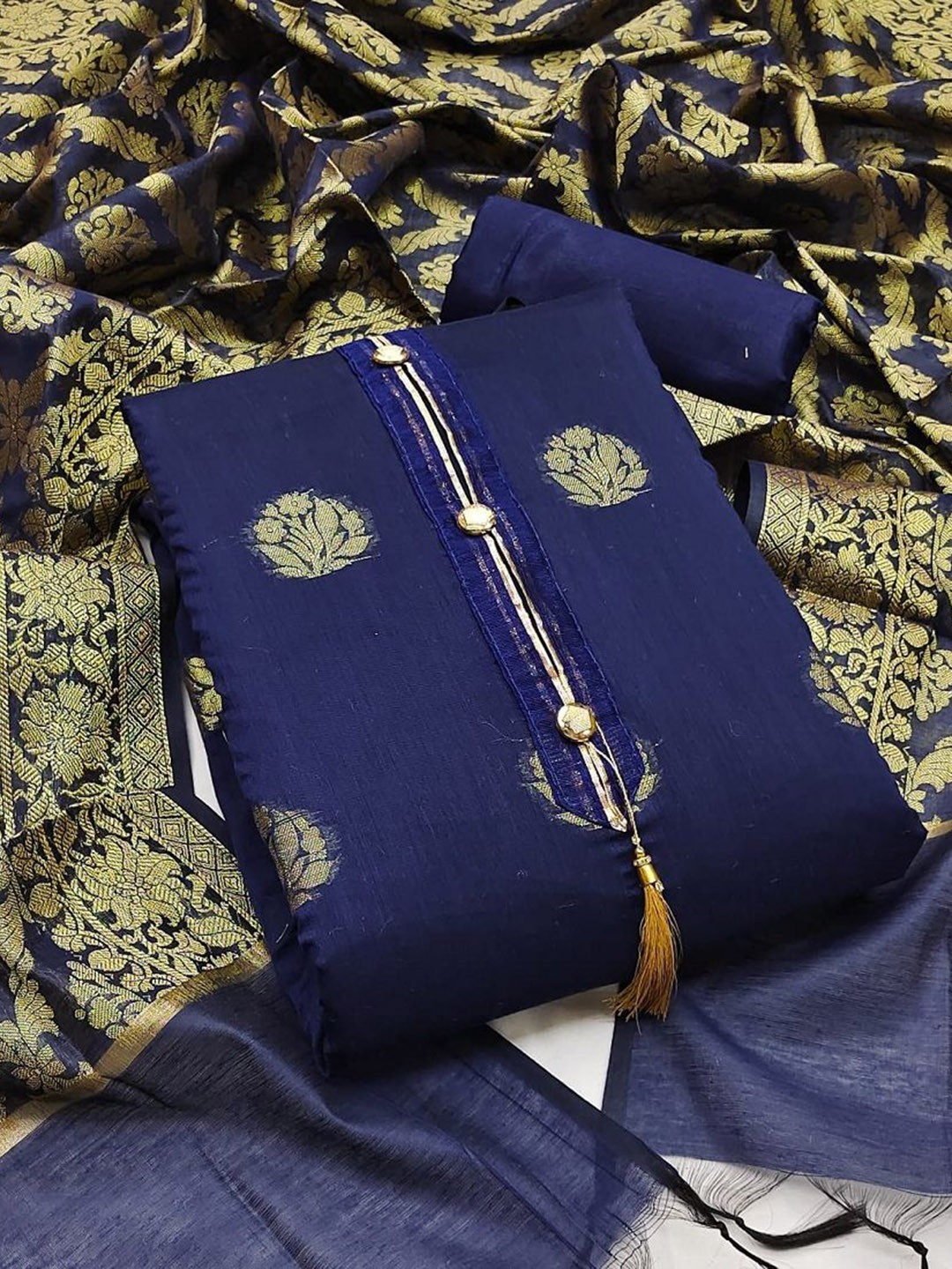 

APNISHA Floral Woven Design Pure Silk Unstitched Dress Material, Navy blue