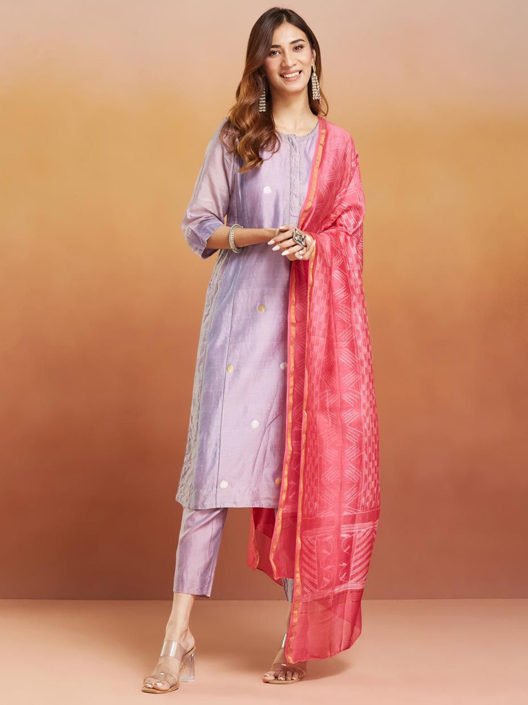 

Fabindia Geometric Printed Zari Cotton Silk Dupatta, Pink