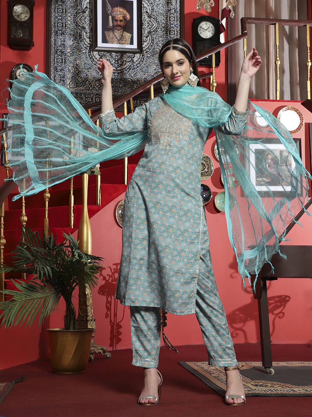 

BANDIA Floral Printed Round Neck Zari Straight Kurta with Trouser & Dupatta, Turquoise blue