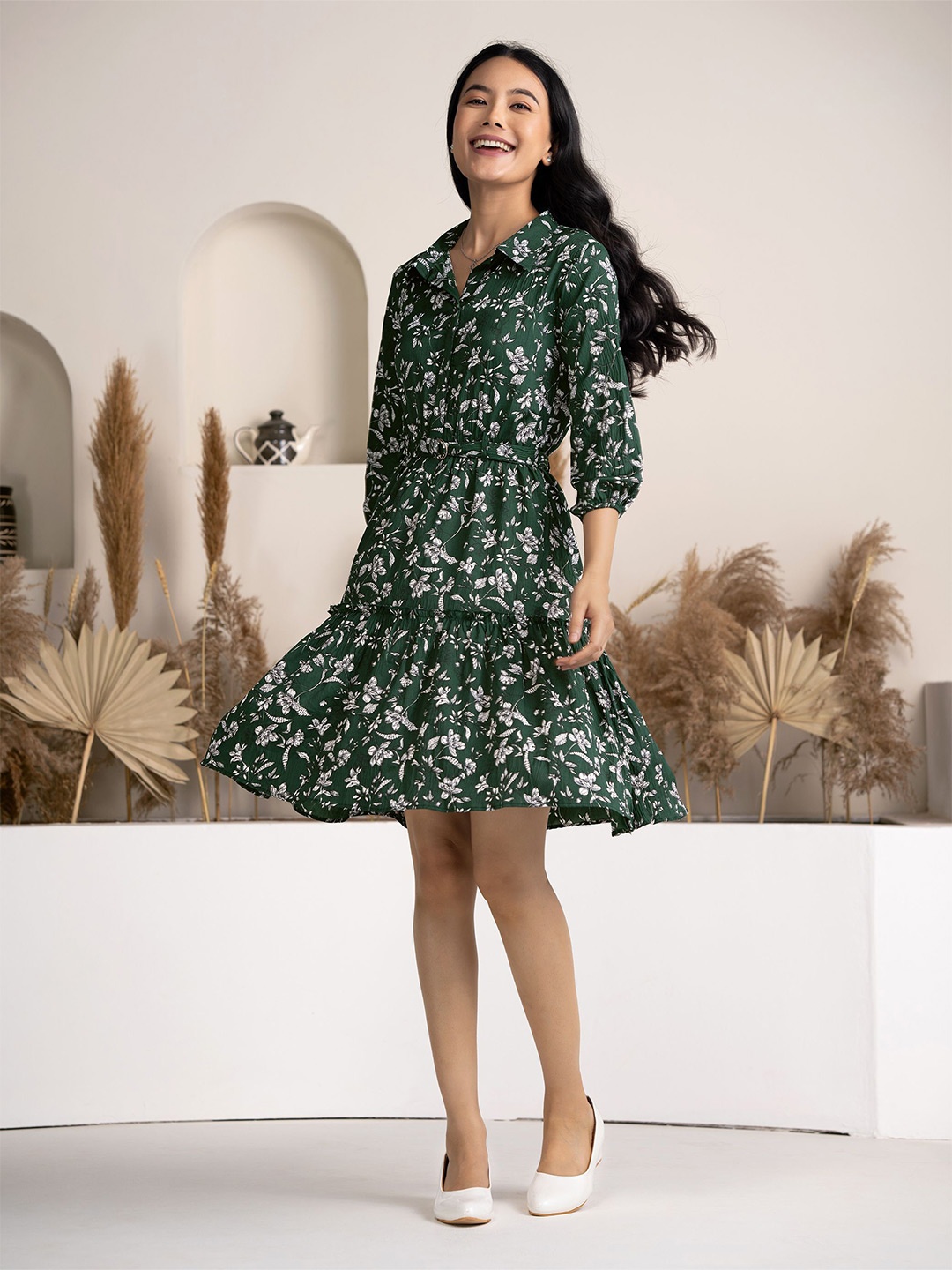 

DressBerry Floral Printed Puff Sleeve Belted Fit & Flare Dress, Green