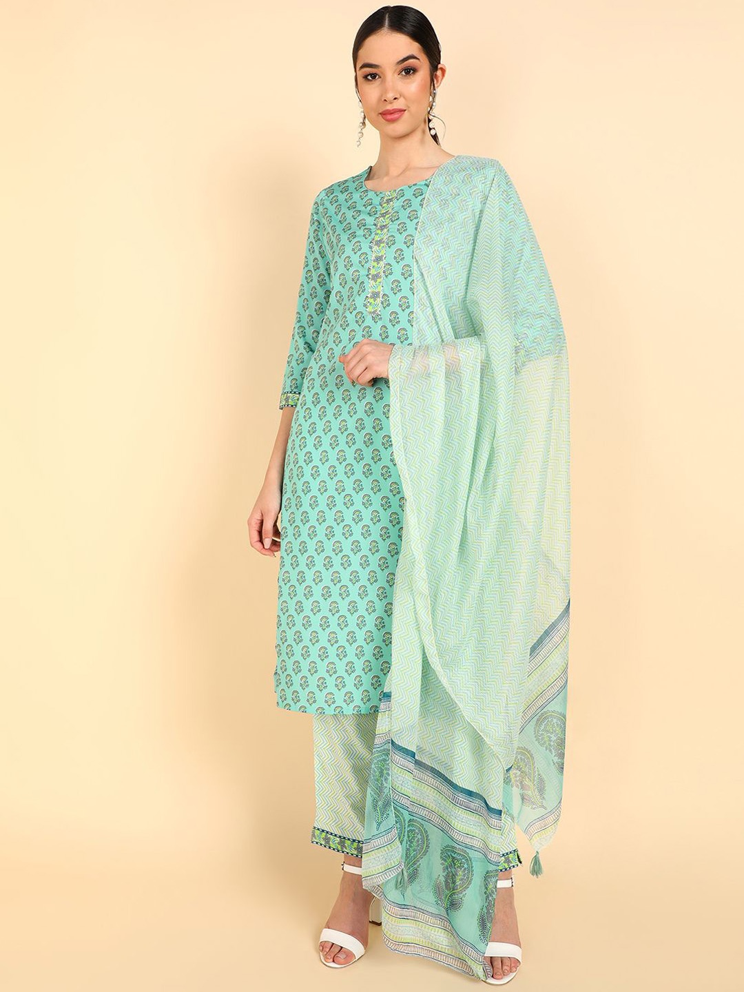 

KALINI Floral Printed Gotta Patti Kurta with Trousers & Dupatta, Sea green