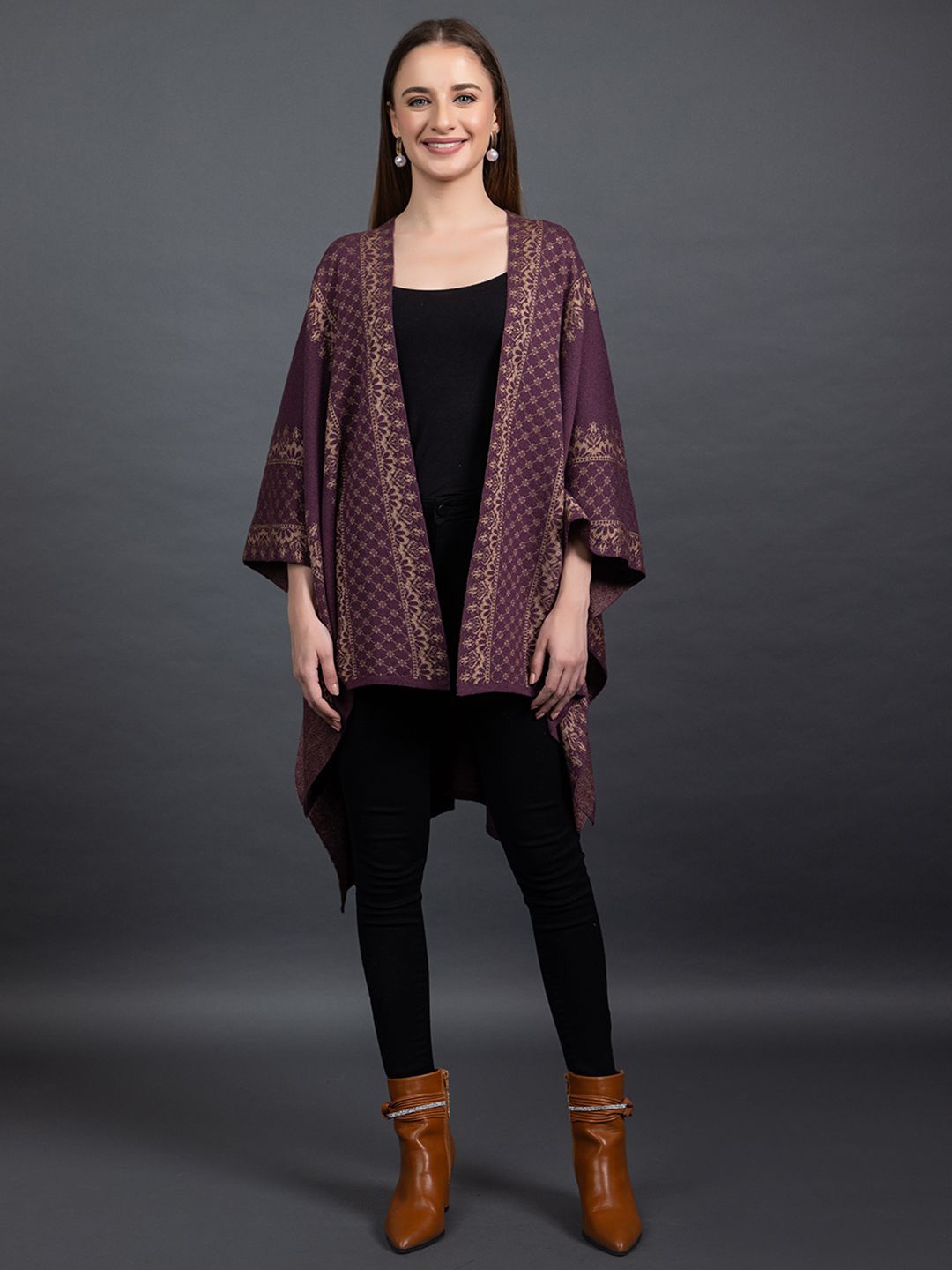 

Anouk Violet Ethnic Motifs Printed V-Neck Winter Open Front Shrug