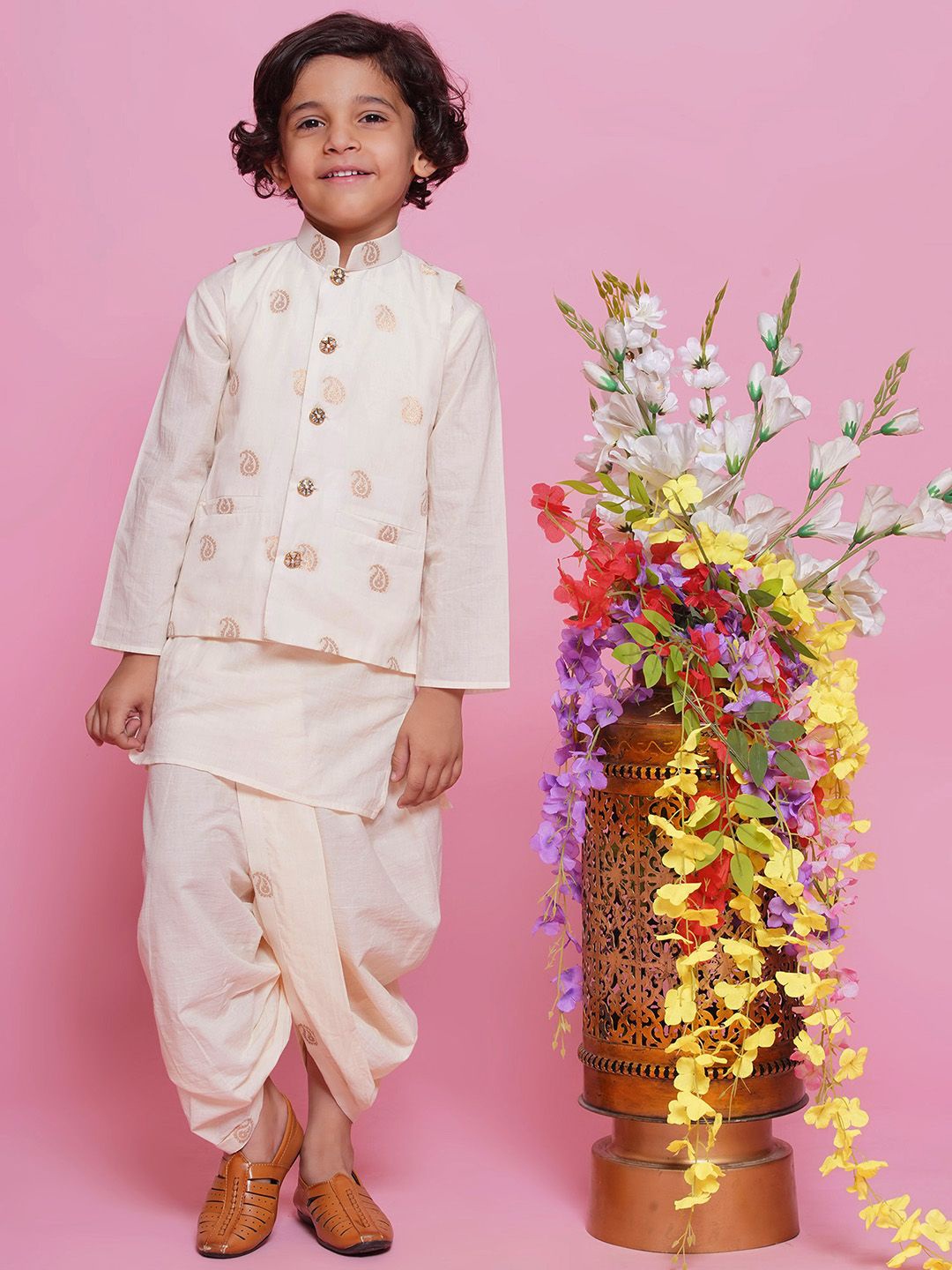 

Little Bansi Boys Pure Silk Kurta with Dhoti Pants, Cream