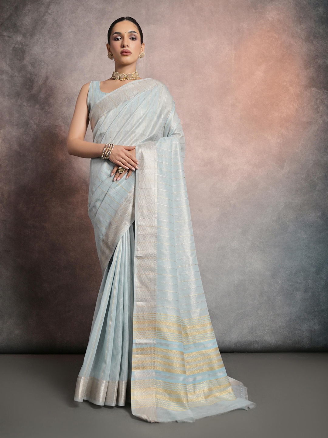 

GAJARAI Striped Zari Tissue Tussar Saree, Turquoise blue
