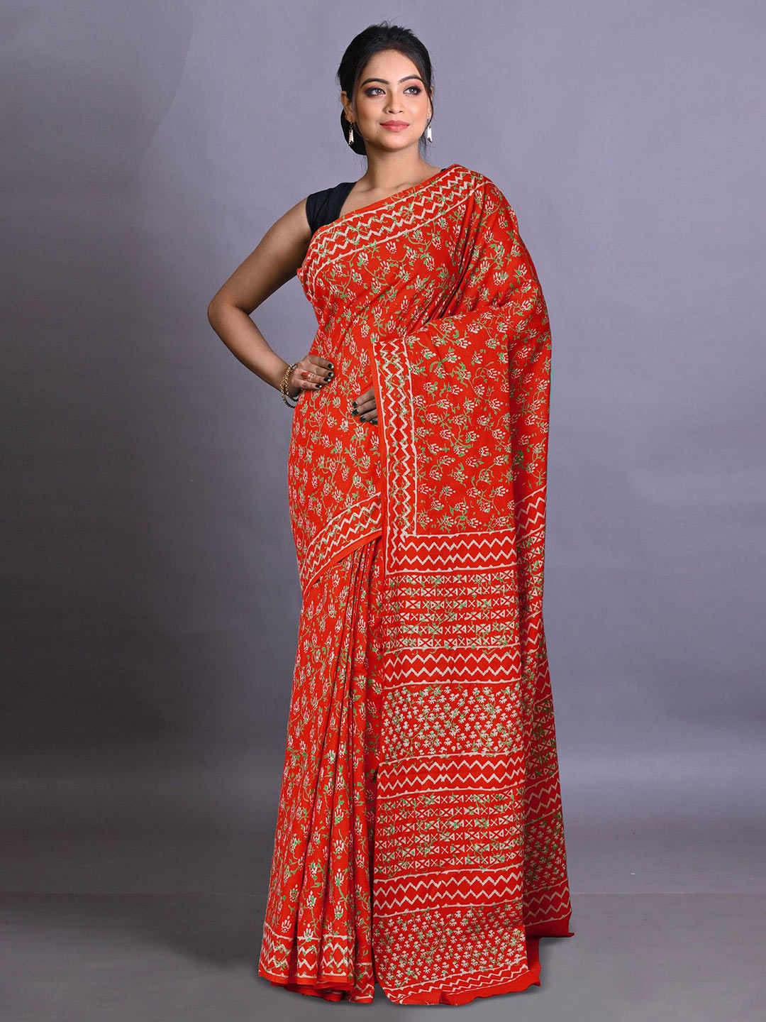 

Unnati Silks Women Printed Ethnic Motifs Pure Cotton Handloom Saree, Red
