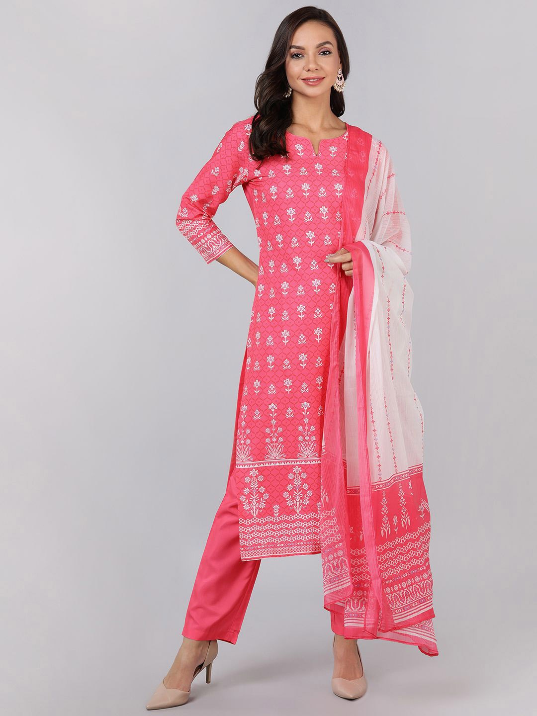 

KALINI Floral Printed Regular Kurta with Trousers & Dupatta, Pink