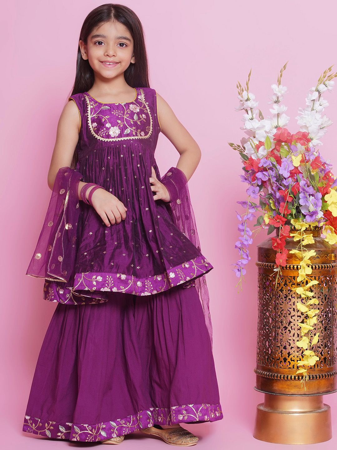 

Little Bansi Girls Floral Embroidered Pure Silk Anarkali Kurta with Sharara & Dupatta, Purple