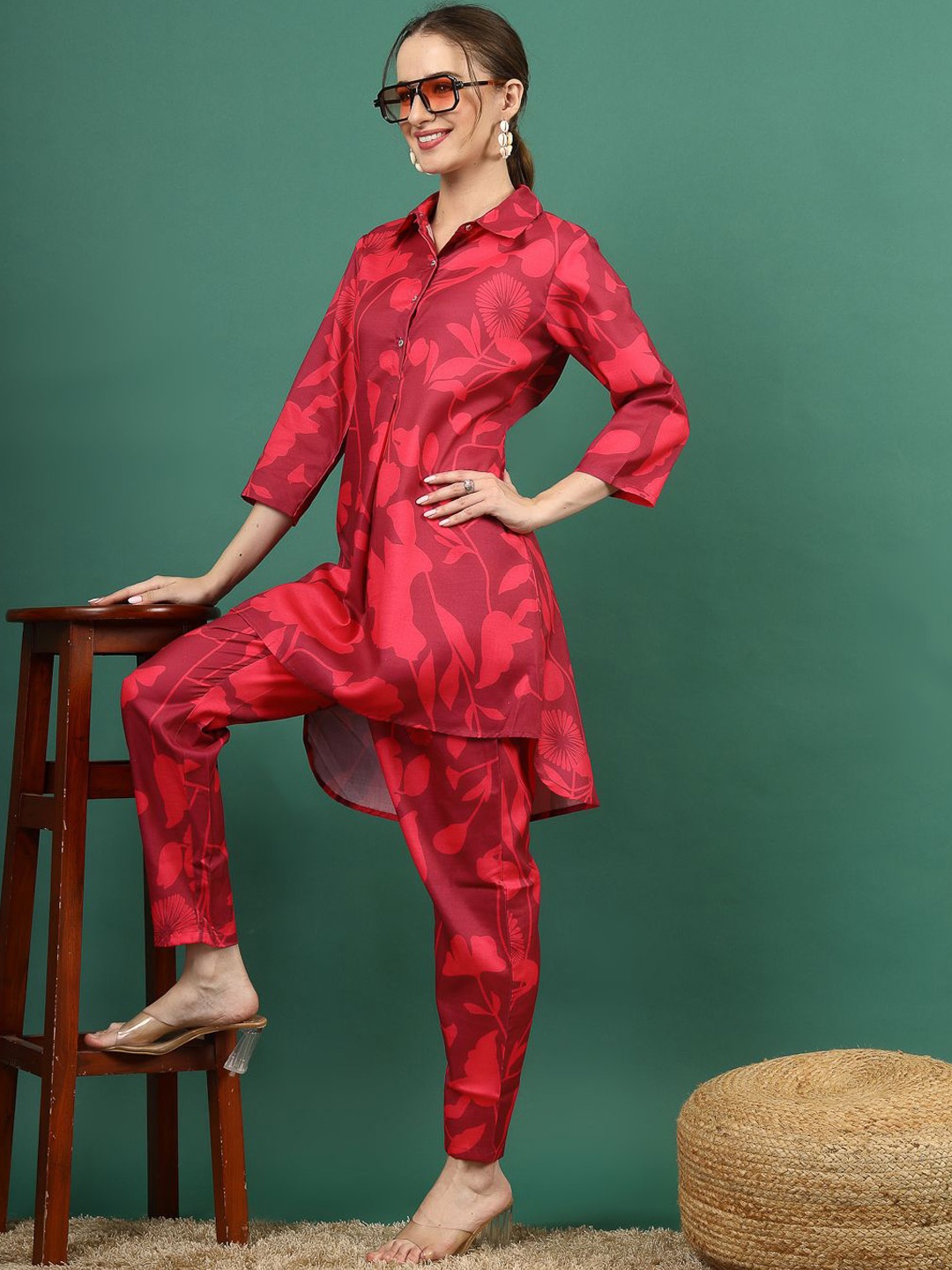 

Ramas Floral Printed Shirt Collar Pure Cotton Straight Kurta with Trousers, Pink