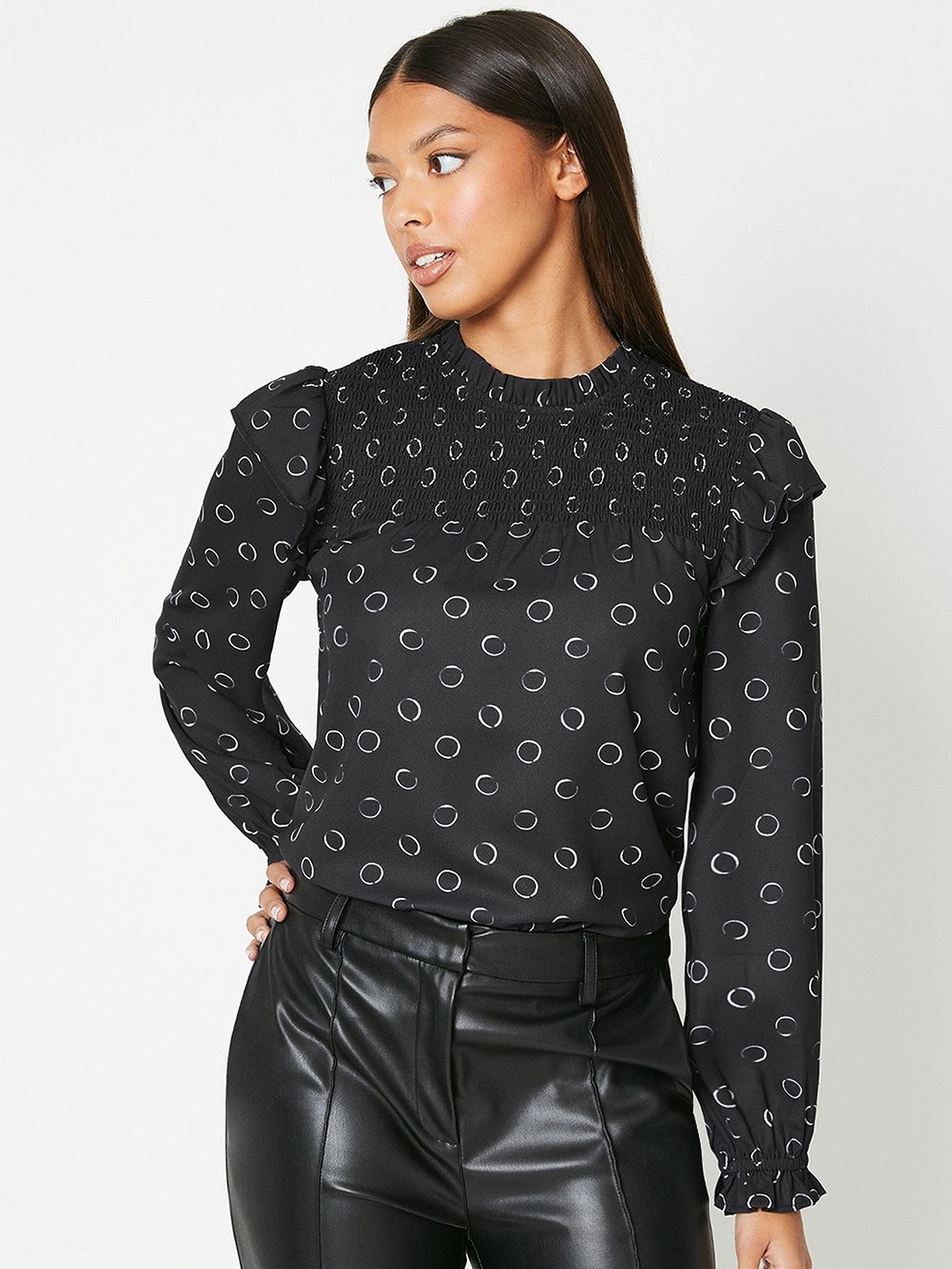 

DOROTHY PERKINS Smocked Frills Geometric Printed Top, Charcoal