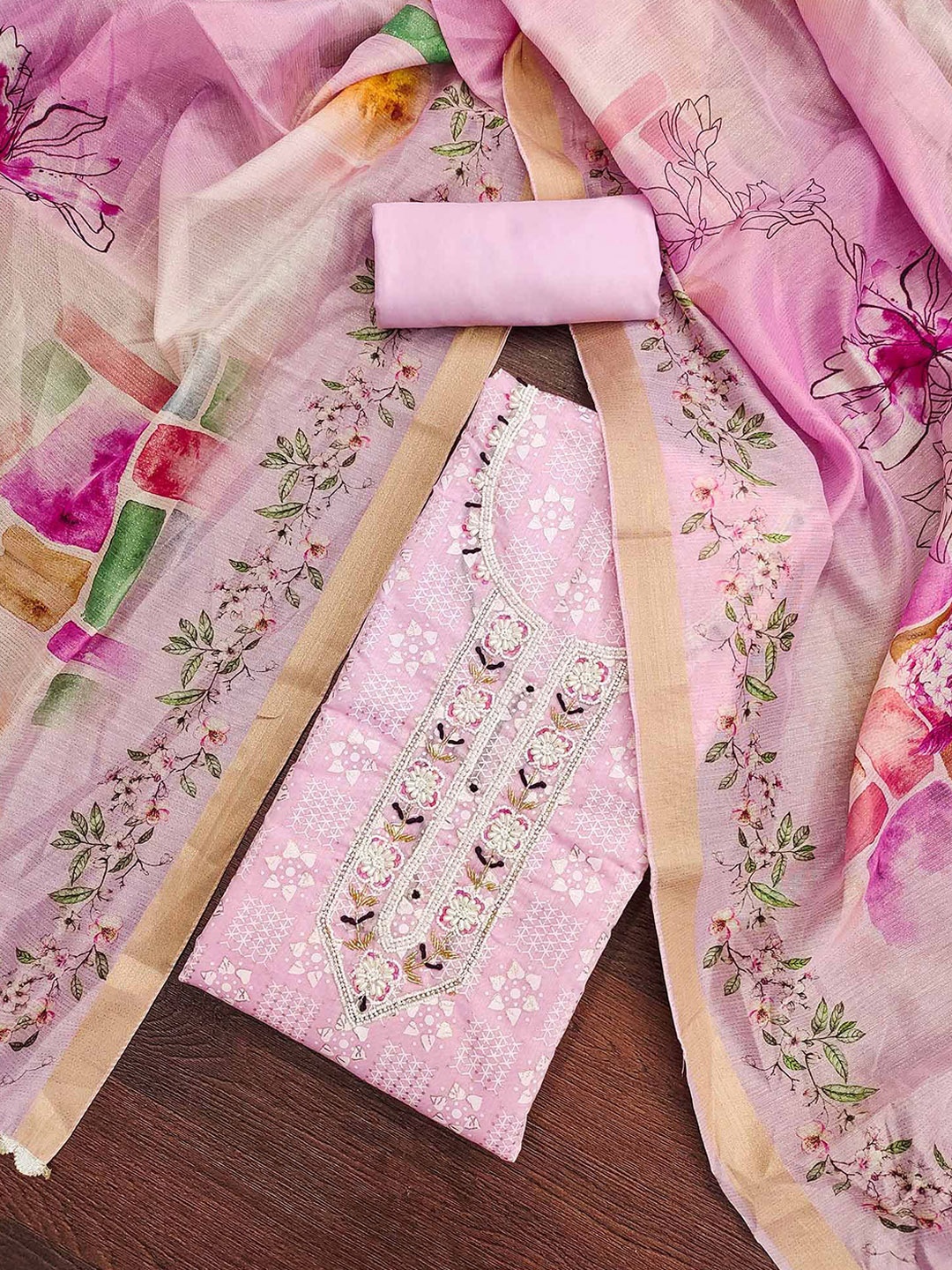 

Peachmode Floral Printed Beads and Stones Unstitched Dress Material, Pink